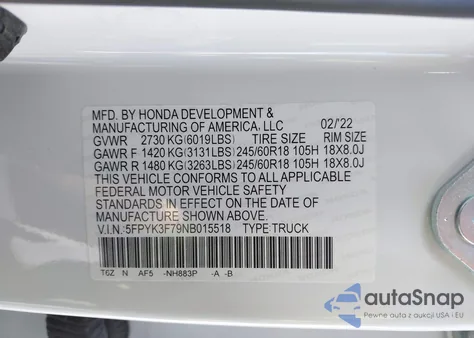2022 Honda Ridgeline Rtl-E z USA, uszkodzony, nr VIN 5FPYK3F79NB015518